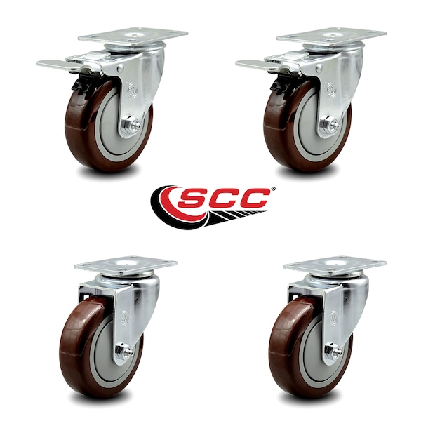 4 Inch Maroon Polyurethane Wheel Swivel Top Plate Caster Total Lock Brakes, 2PK